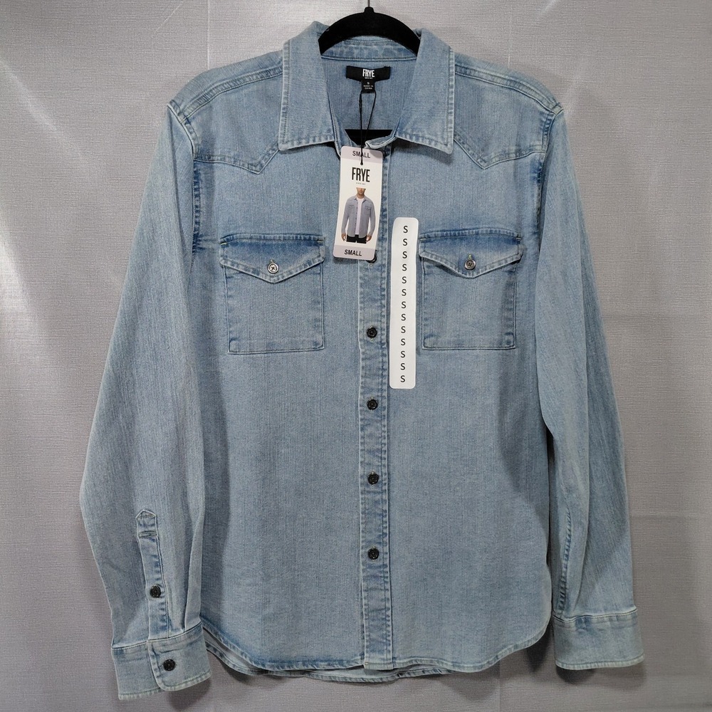 Frye‎ Denim Shirt Light Wash Men's Small Long Sleeve Button Up Two Chest Pockets